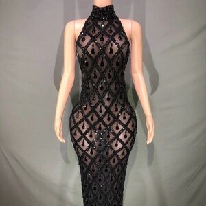 Black Beaded Sheer Halter Bodycon Dress